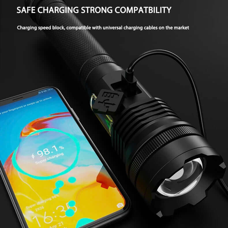 MUCTUP Muctac CHARGE LED flashlight with zoom, USB charging, aluminum alloy body, IP65 waterproof, 5000+ lumens bright.