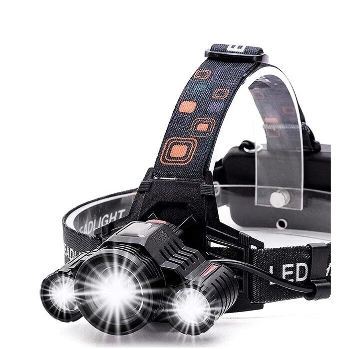 MUCITUP T6 rechargeable LED headlamp with black and red design, zoom focus, 4 modes, USB-C port, IP55 waterproof, on a plain background.