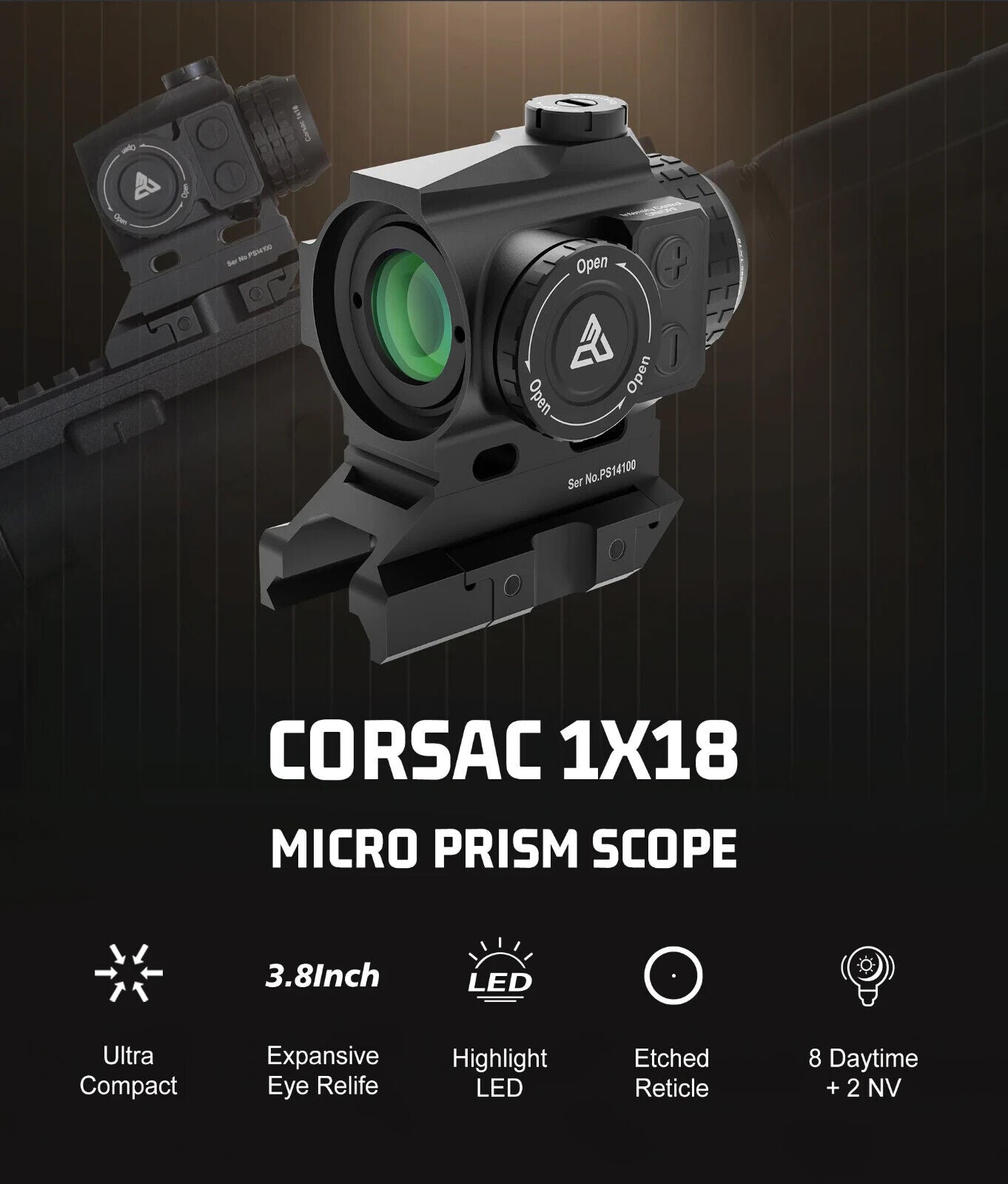 Corsac 1x18 Micro Prism Scope Etched Reticle 8 Day+2 NV IPX67 Hunting Optic - OVERLANDERS Outfitter