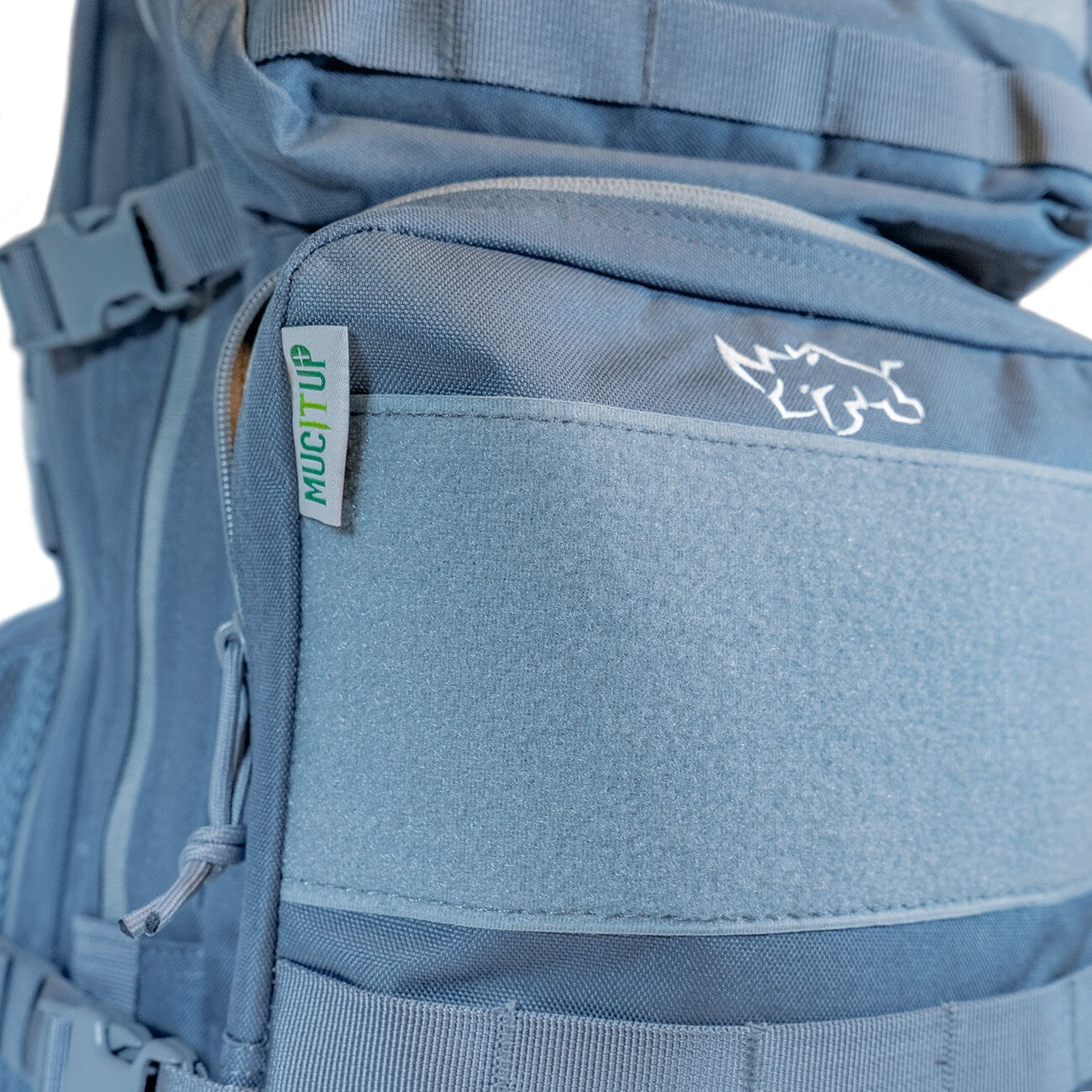 MUCITUP Rhino MUCPAC tactical backpack in grey, black, and MCBK with 500D nylon, MOLLE webbing, and multiple compartments.