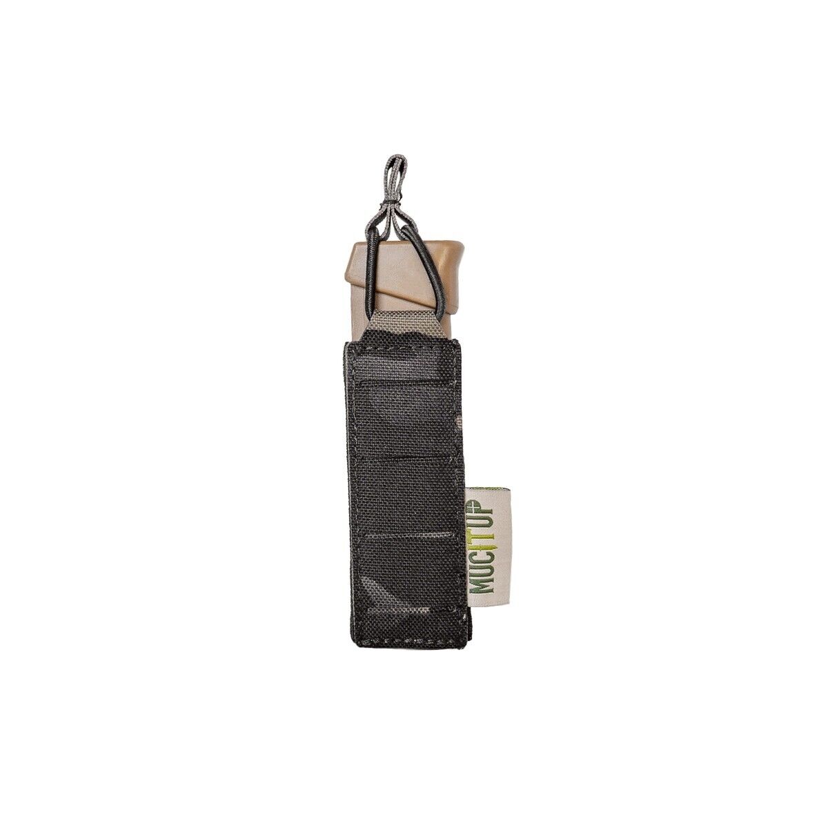 MUCTAC MOLLE single 9mm magazine pouch attached to tactical gear, durable black nylon with MOLLE compatibility for military use