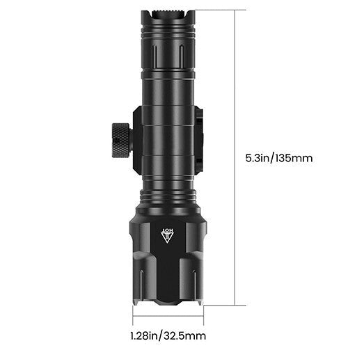 MUCITUP WL-25 tactical flashlight in black, 1200LM, USB rechargeable, mounted on a firearm for tactical use.