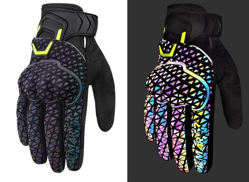 VEMAR™ Night Elf Reflective Motorcycle Gloves by Bean's Moto Booth showing black gloves with reflective details and padding on the knuckles