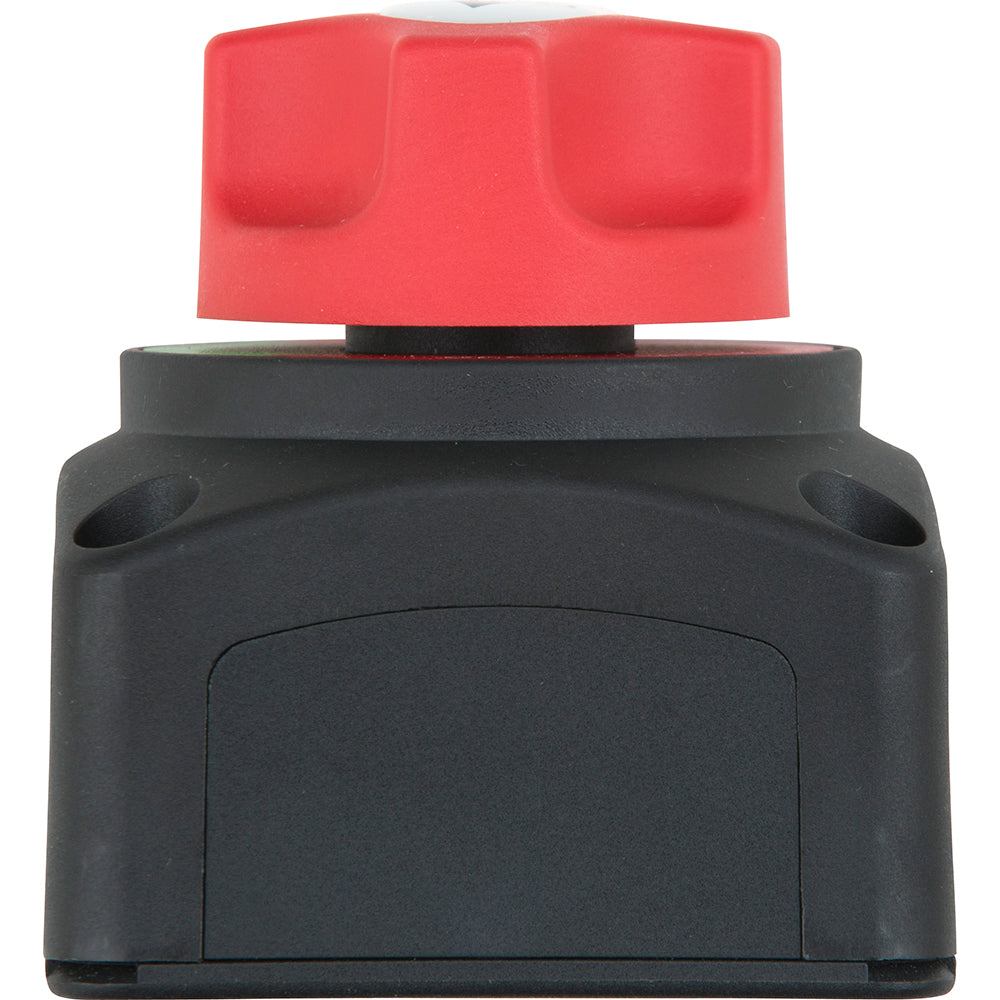 Attwood single battery switch for 12-50 VDC, used for battery management in marine or RV applications.
