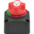Attwood single battery switch for 12-50 VDC, used for battery management, shown in black with control knob and mounting hardware.