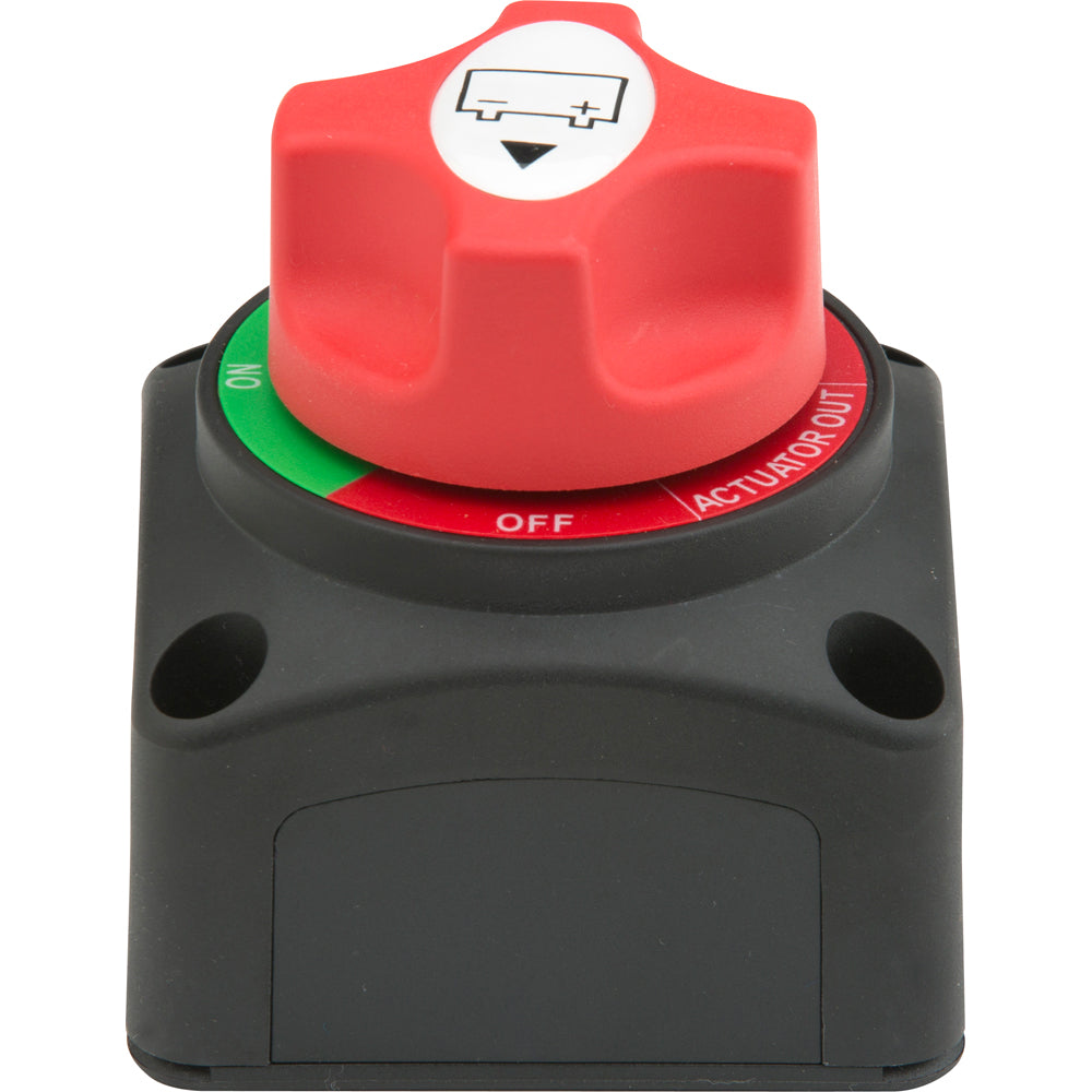Attwood single battery switch for 12-50 VDC, used for battery management, shown in black with control knob and mounting hardware.