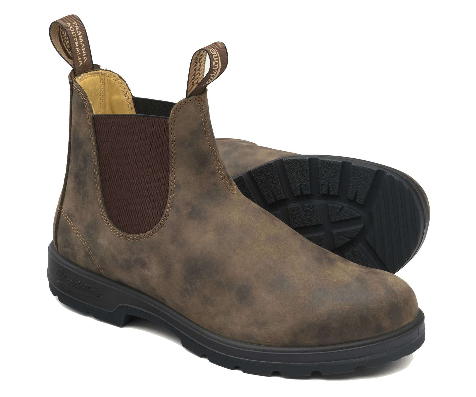 Runnwalk Blundstone men's Classic 585 Chelsea boots in dark brown leather with elastic side panels and pull tabs.