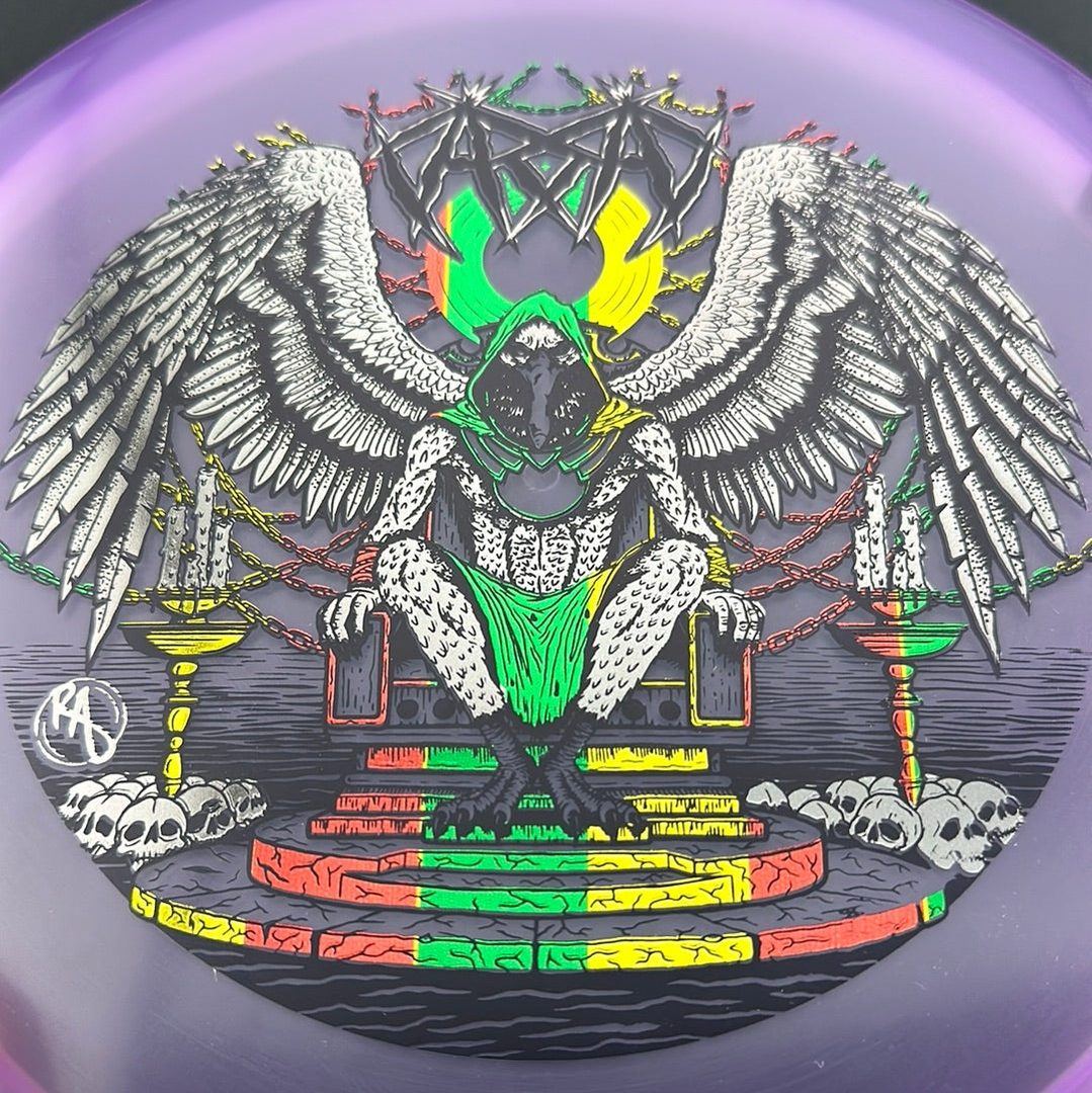 CryZtal Buzzz disc golf disc by Ripper Studios, featuring Karudi the Overseer design in transparent crystal-like plastic.