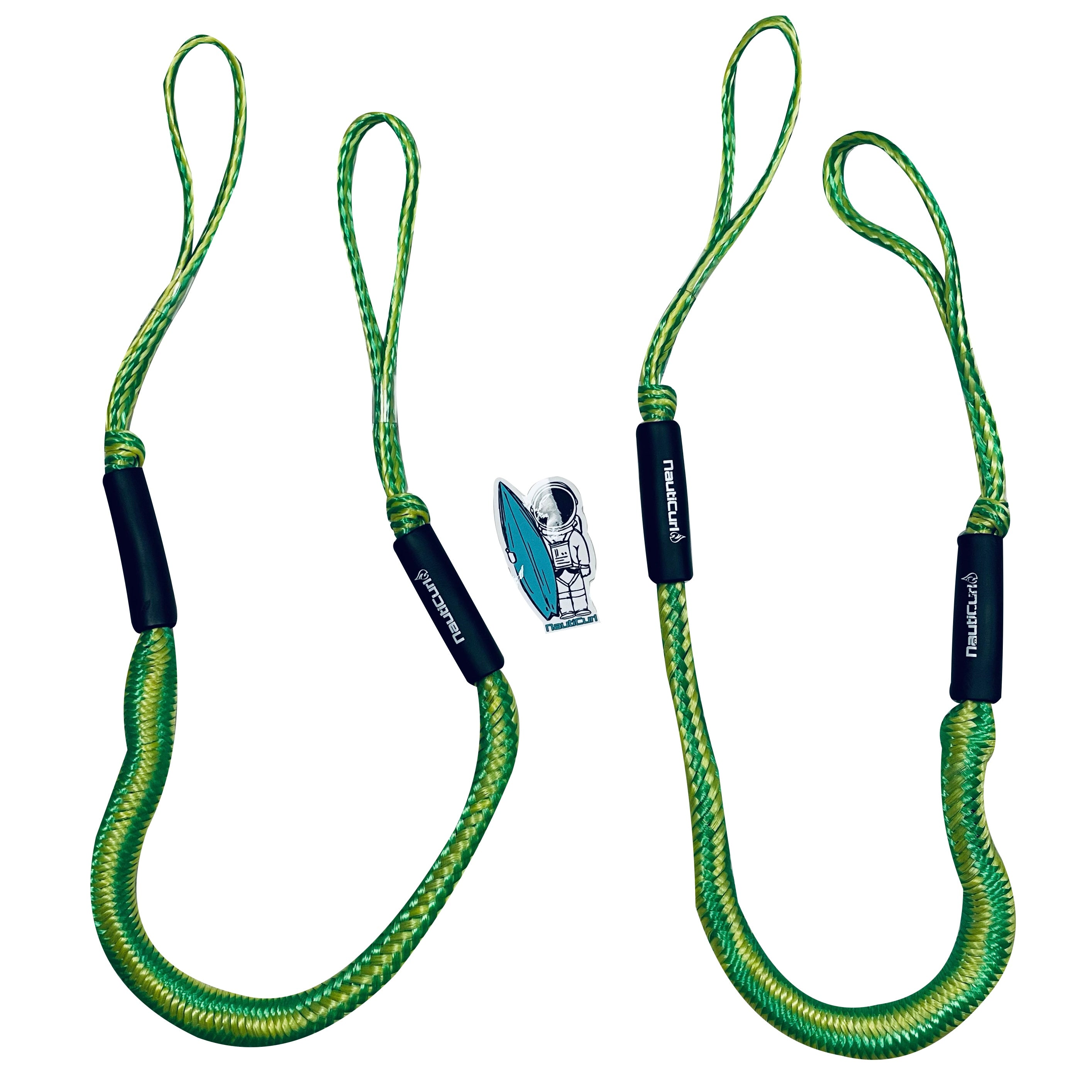 NautiCurl LLC shock absorbing bungee boat ropes, two durable marine accessories with bungee cords for watercraft towing and docking.