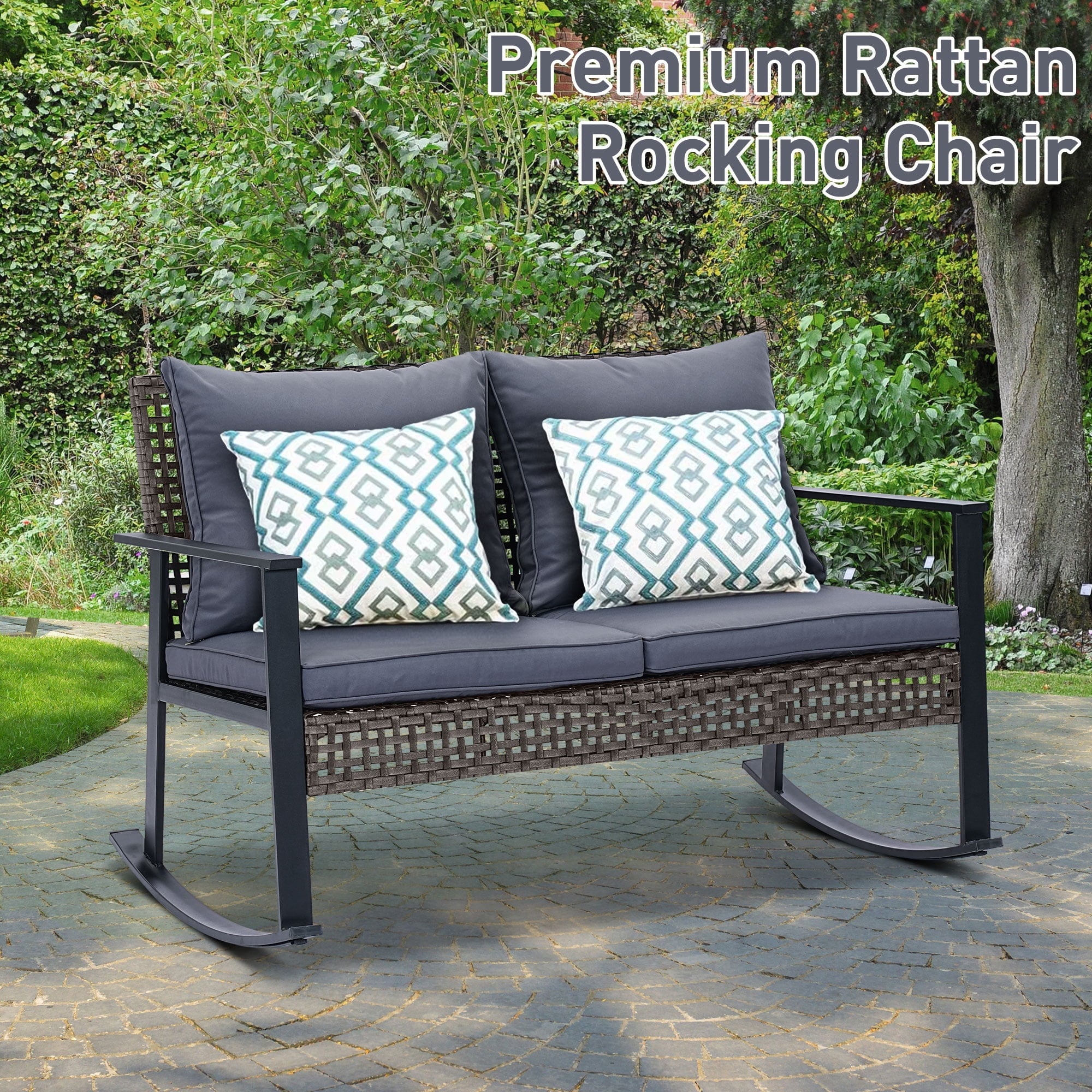 Ainfox Outdoor Patio Furniture Rocking Loveseat, Wicker Rattan Sofa