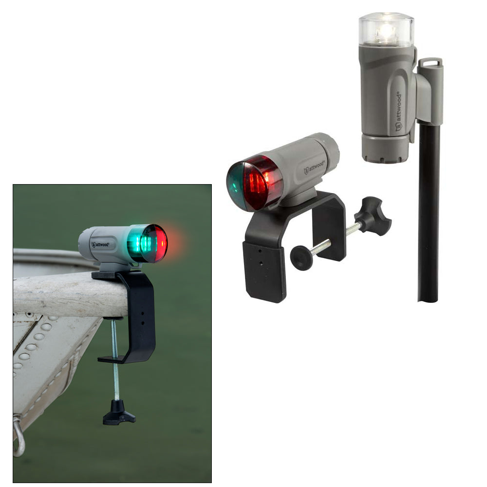 Attwood PaddleSport portable navigation light kit with gray C-clamp and adhesive pad, designed for boats and watercraft.