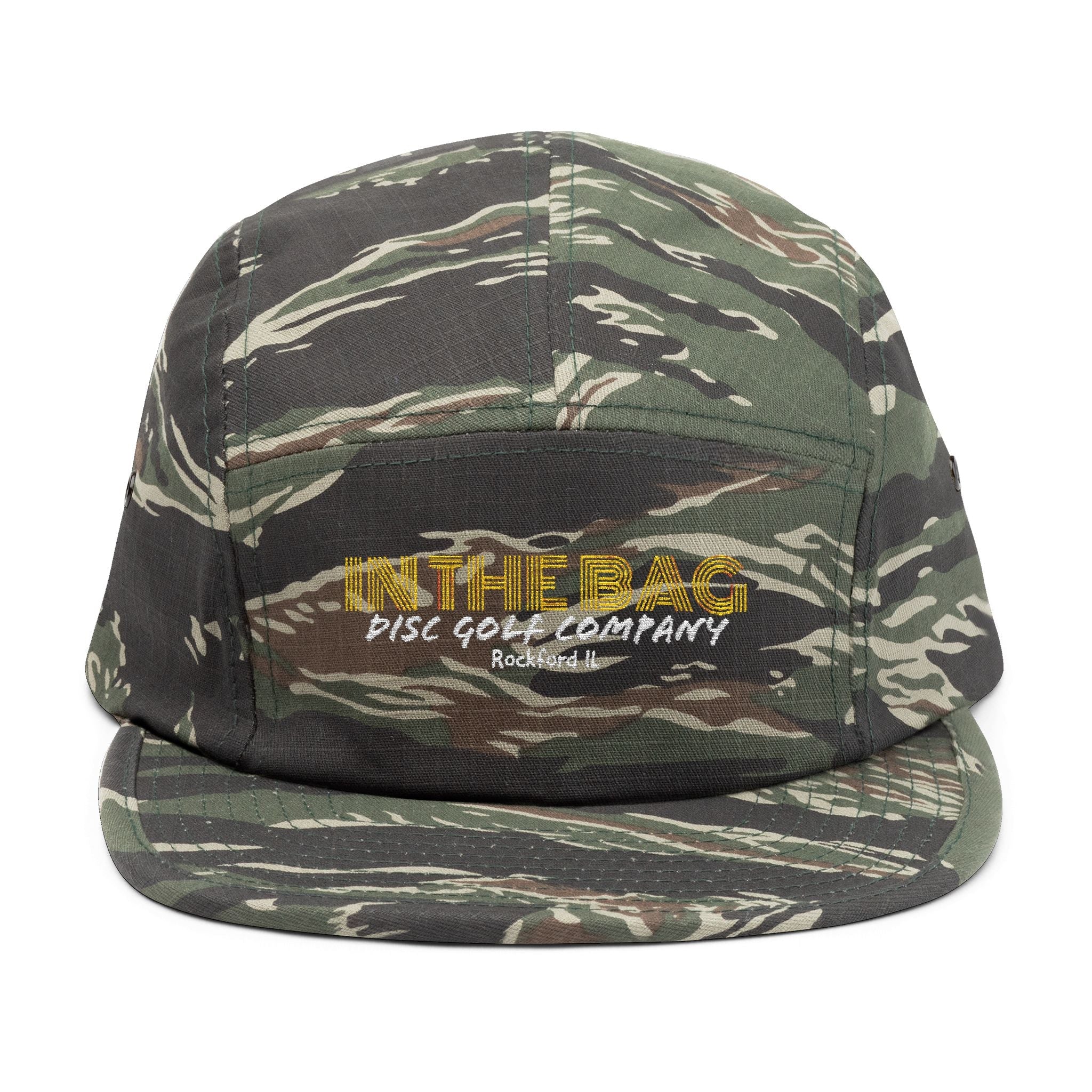 Embroidered 5-panel cap from In The Bag Disc Golf Company, stylish hat with adjustable strap, featuring the company's logo.