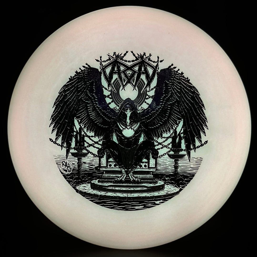ESP Glo Buzzz disc golf disc by Rare Air Discs featuring Karudi the Overseer design for casual play and competitions