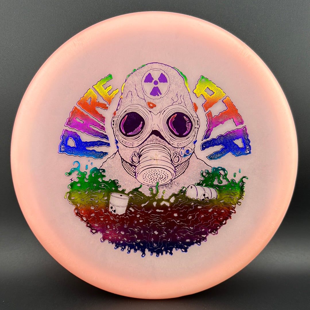 Rare Air Discs Lunar Recon Mortar F2 disc golf disc with radioactive man stamp, vibrant colors, and detailed design.
