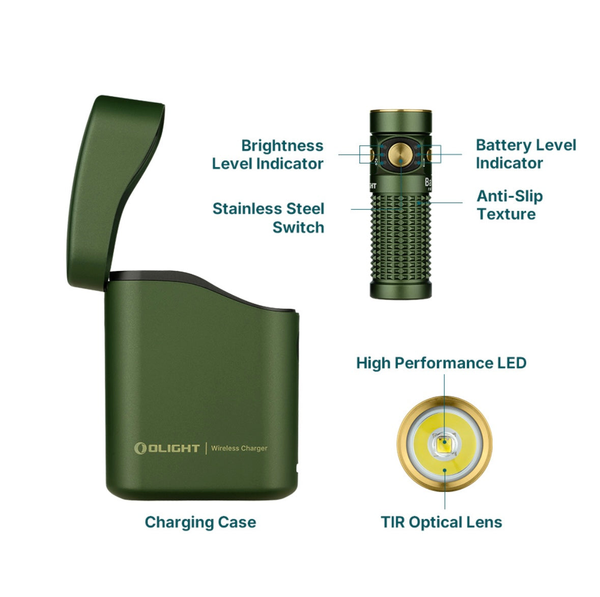 MUCITUP Olight Baton 4 EDC flashlight with 1300 lumens, rechargeable compact design, shown turned on with bright beam.