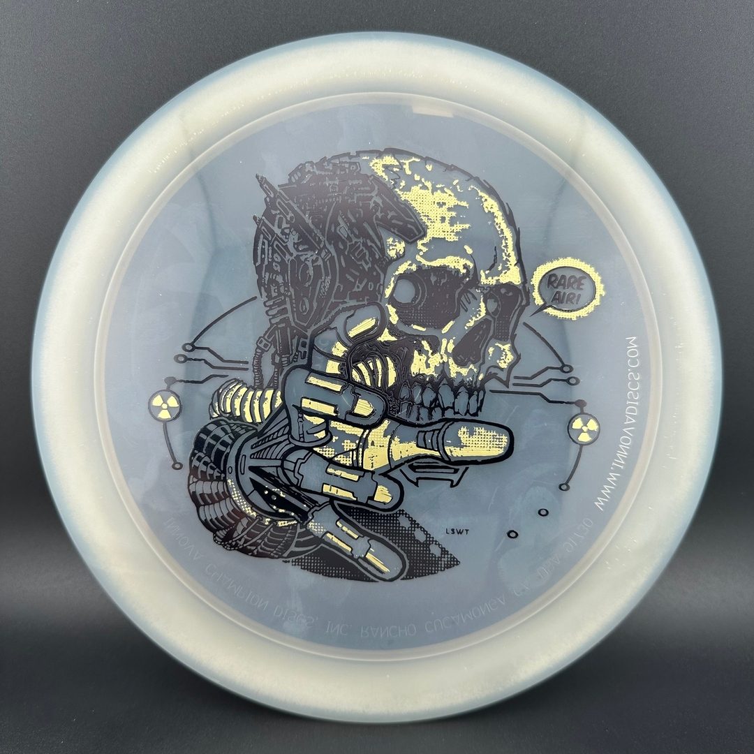 Disc golf Gummy C-Blend Aztec disc by Rare Air Discs from the STRATUS FEAR V1 series, showing vibrant colors and detailed stamp design.