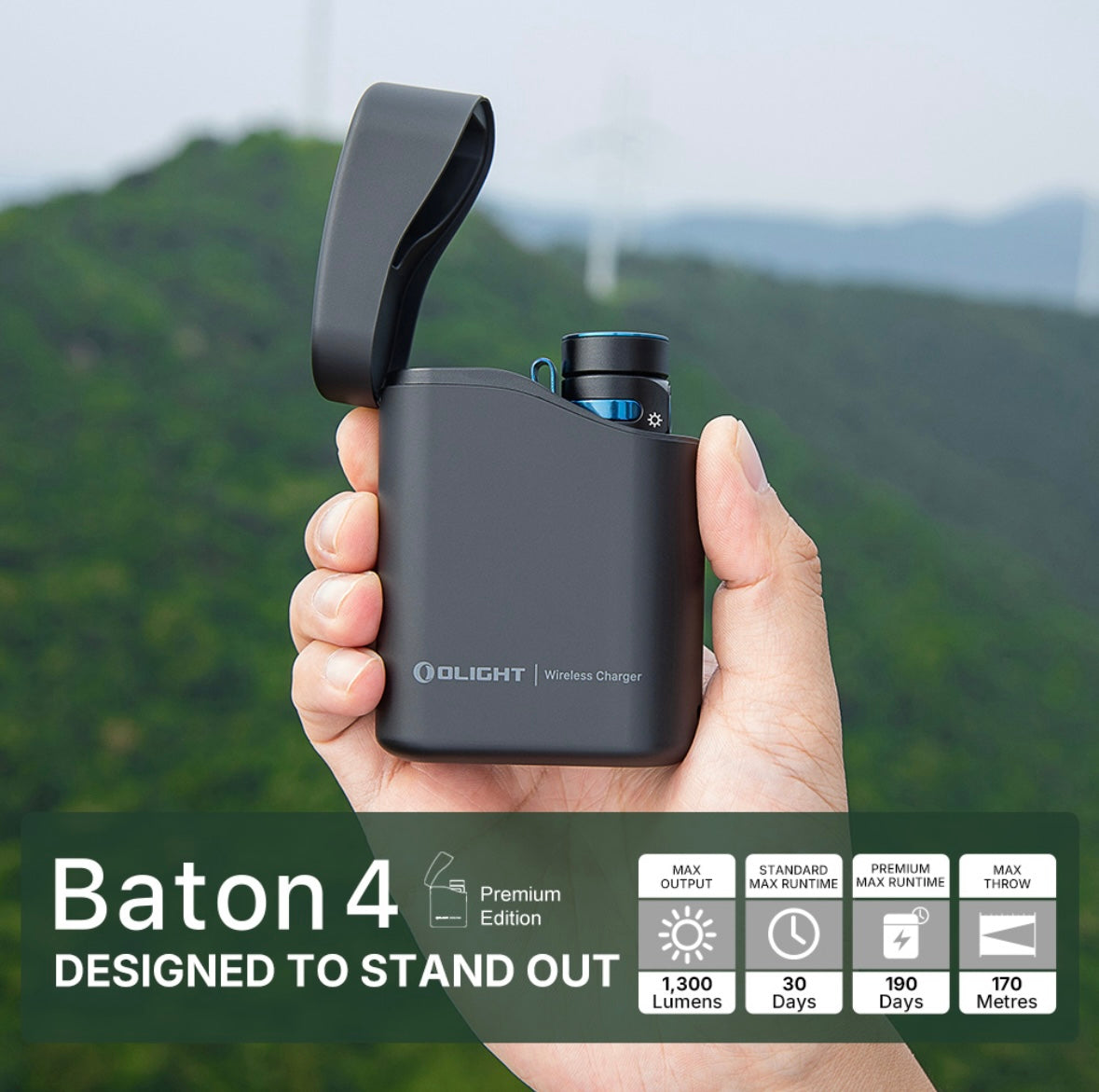 MUCITUP Olight Baton 4 EDC flashlight with 1300 lumens, compact rechargeable design, black body, and textured grip