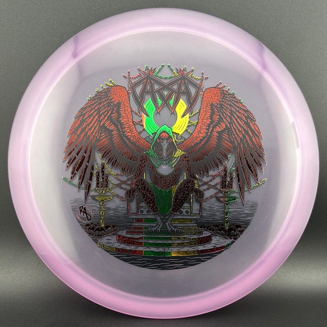 CryZtal Buzzz disc golf disc by Rare Air Discs featuring Karudi the Overseer design, transparent CryZtal plastic, and vibrant artwork.