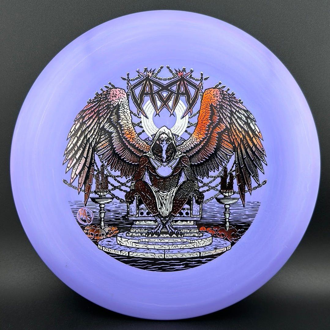 ESP Glo Buzzz disc golf disc by Rare Air Discs featuring Karudi the Overseer artwork from Cult of RAD series.
