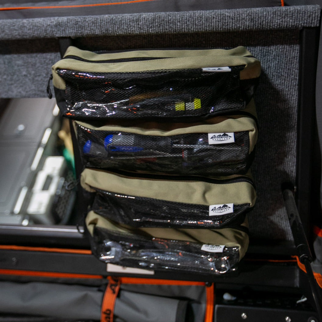 Flatirons Overland RiPouch™ Velcro Bag in standard 4x12 inch size, shown attached with Velcro straps for versatile storage.