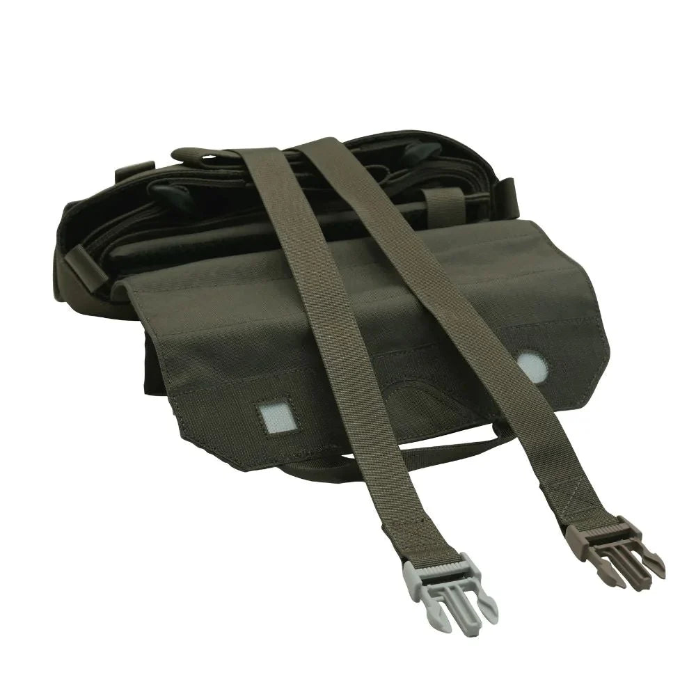 HCC Tactical BuddyStrap Injured Person Carrier worn by a person, showcasing adjustable straps and durable design for emergency medical transport.