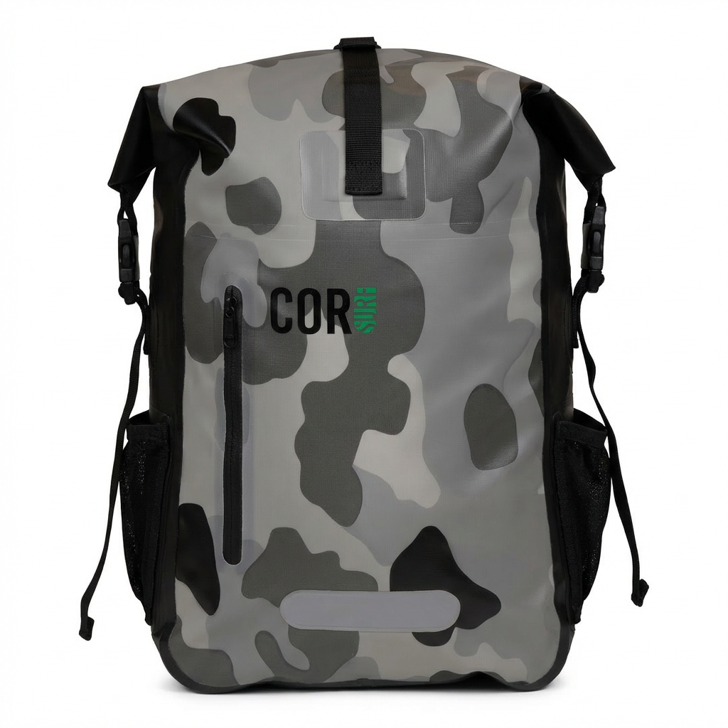 COR Surf 25L waterproof dry backpack with adjustable straps and roll-top closure, ideal for outdoor adventures and water sports.