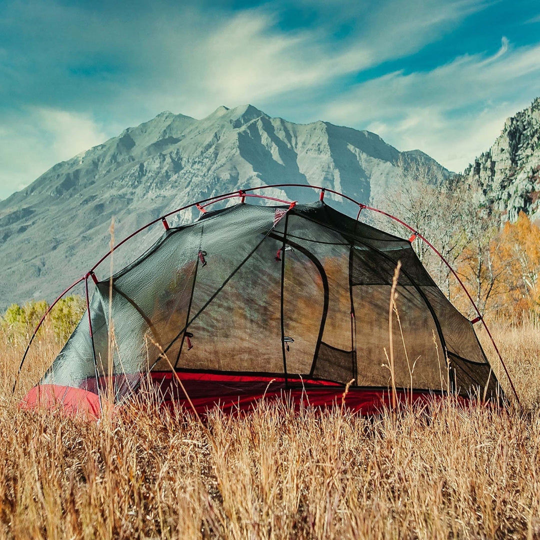 Near Zero Outdoor Gear 2P DynaLite Tent set up outdoors with its lightweight fabric and sturdy frame in a natural camping environment.