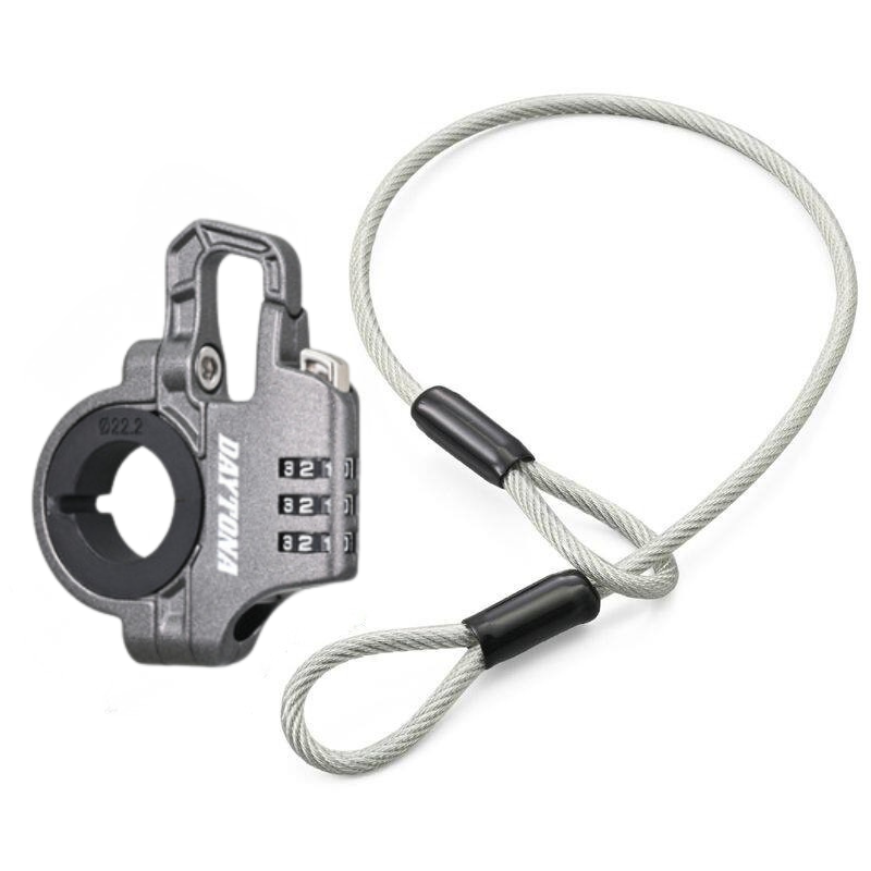Bean's Moto Booth Daytona™ motorcycle handlebar helmet lock with key, shown attached to a helmet and handlebars.