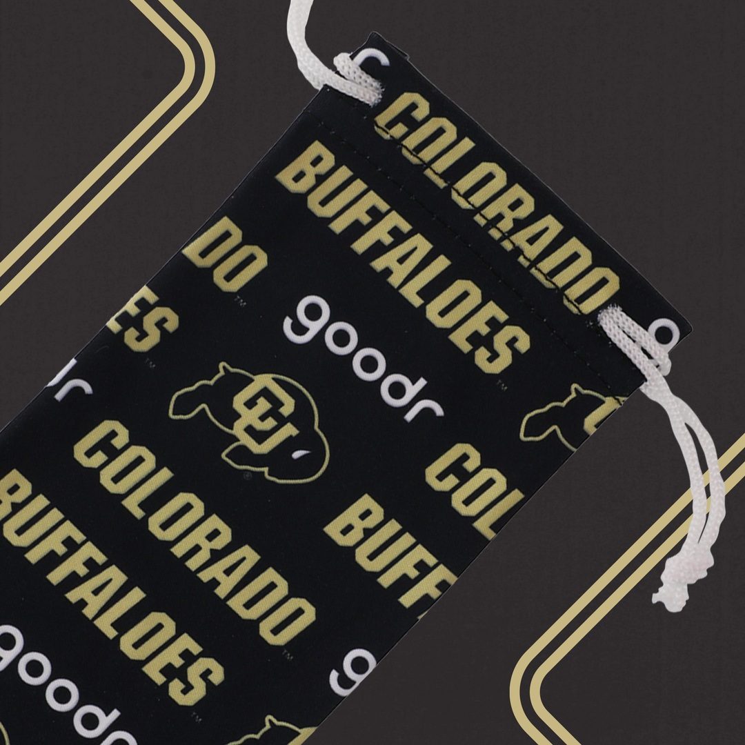 Rare Air Discs Let's Go Buffs collegiate polarized sunglasses with black frames and tinted lenses, accessory for CU sports fans.