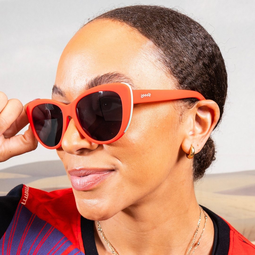 Orange Glam G polarized sunglasses with cherry stem and tongue design by Rare Air Discs, stylish accessory for sunny days.