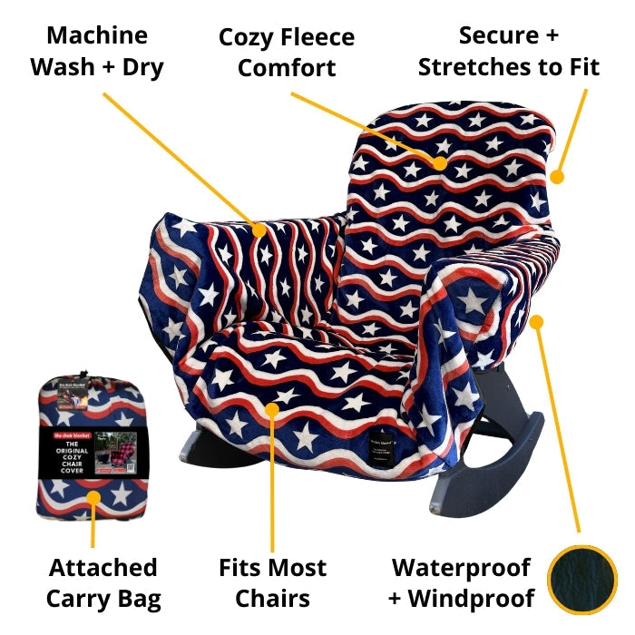 City Bonfires The Chair Blanket in plush USA polar fleece, shown draped over a chair for cozy warmth and comfort.