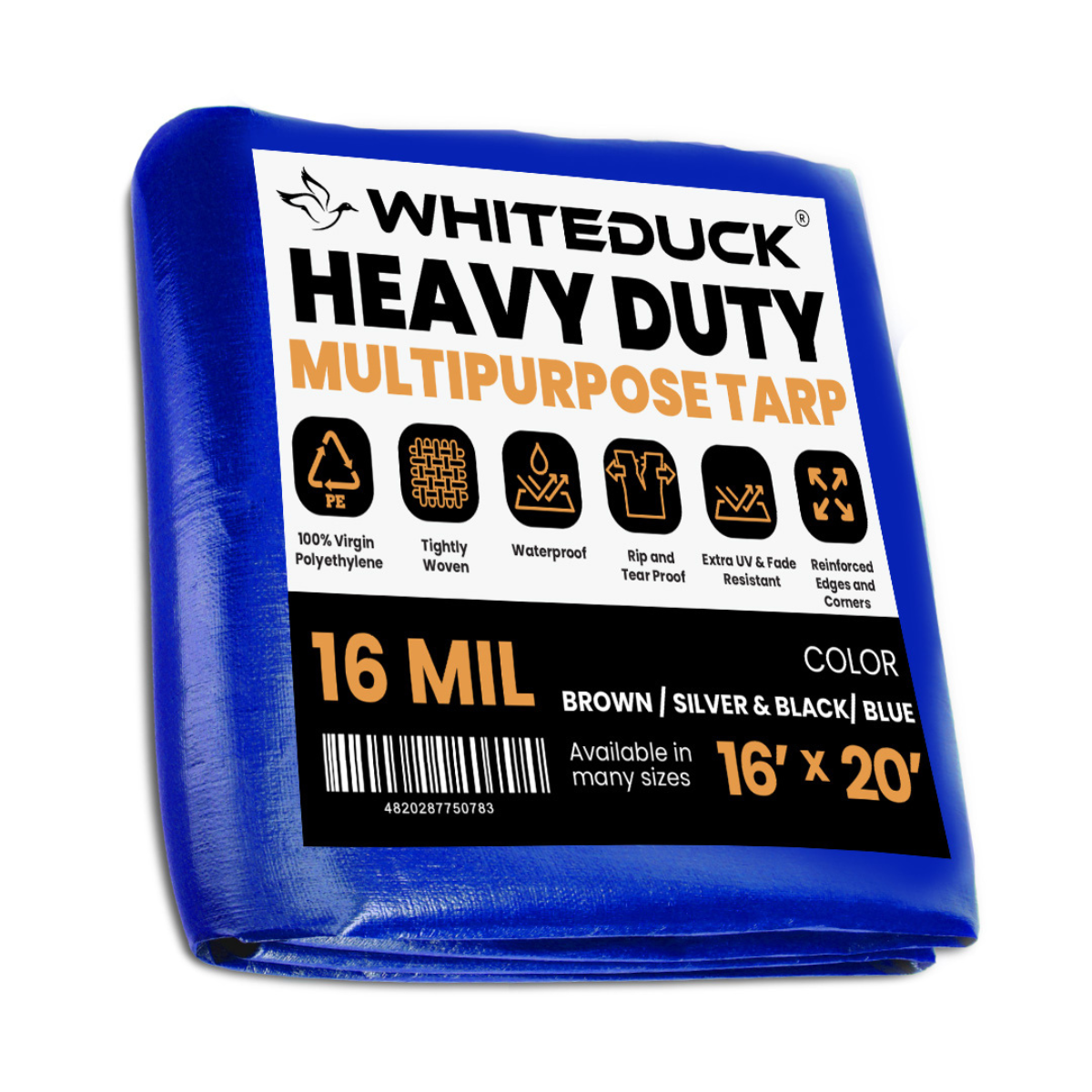 White Duck Outdoors 16' x 20' heavy-duty poly tarp in durable 16 mil thickness, shown with reinforced edges and grommets.