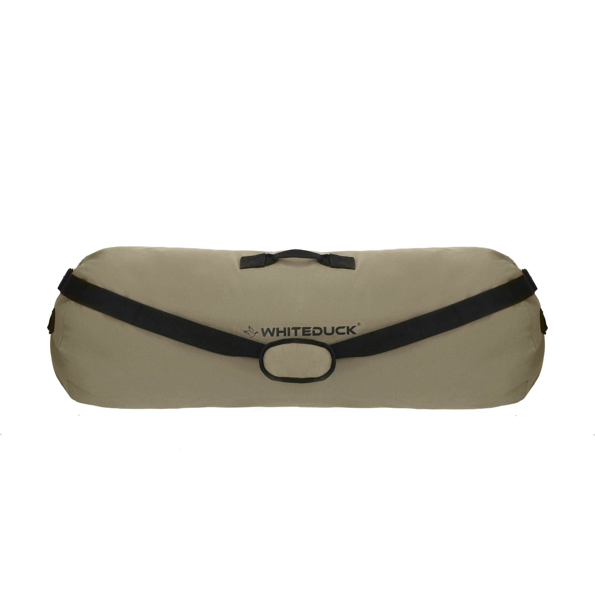 White Duck Outdoors Hoplite Canvas Duffel Bag with sturdy straps and spacious interior for travel or gym use.