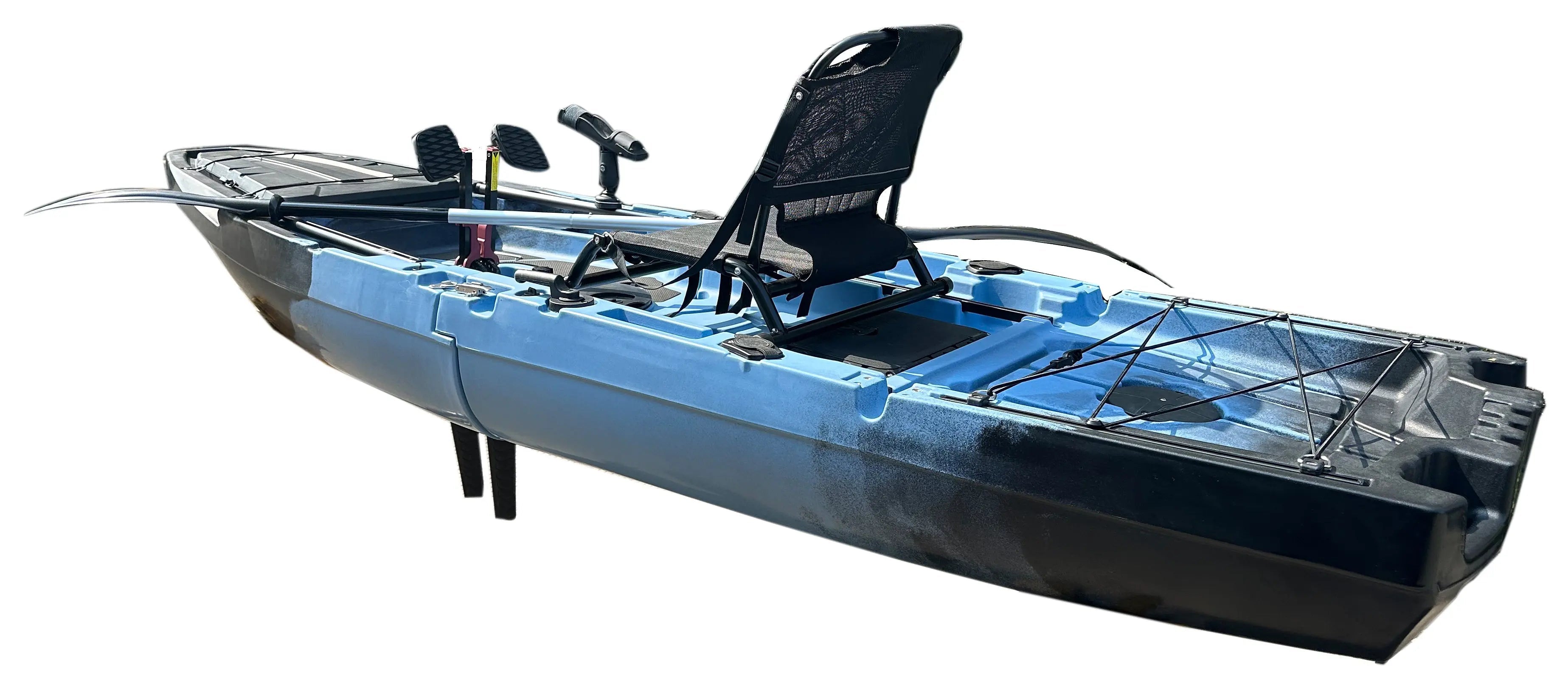 ReelYaks 10ft Recon Modular Fin Drive Pedal Fishing Kayak with dual-piece design and 430lbs capacity, shown on water with fishing gear.