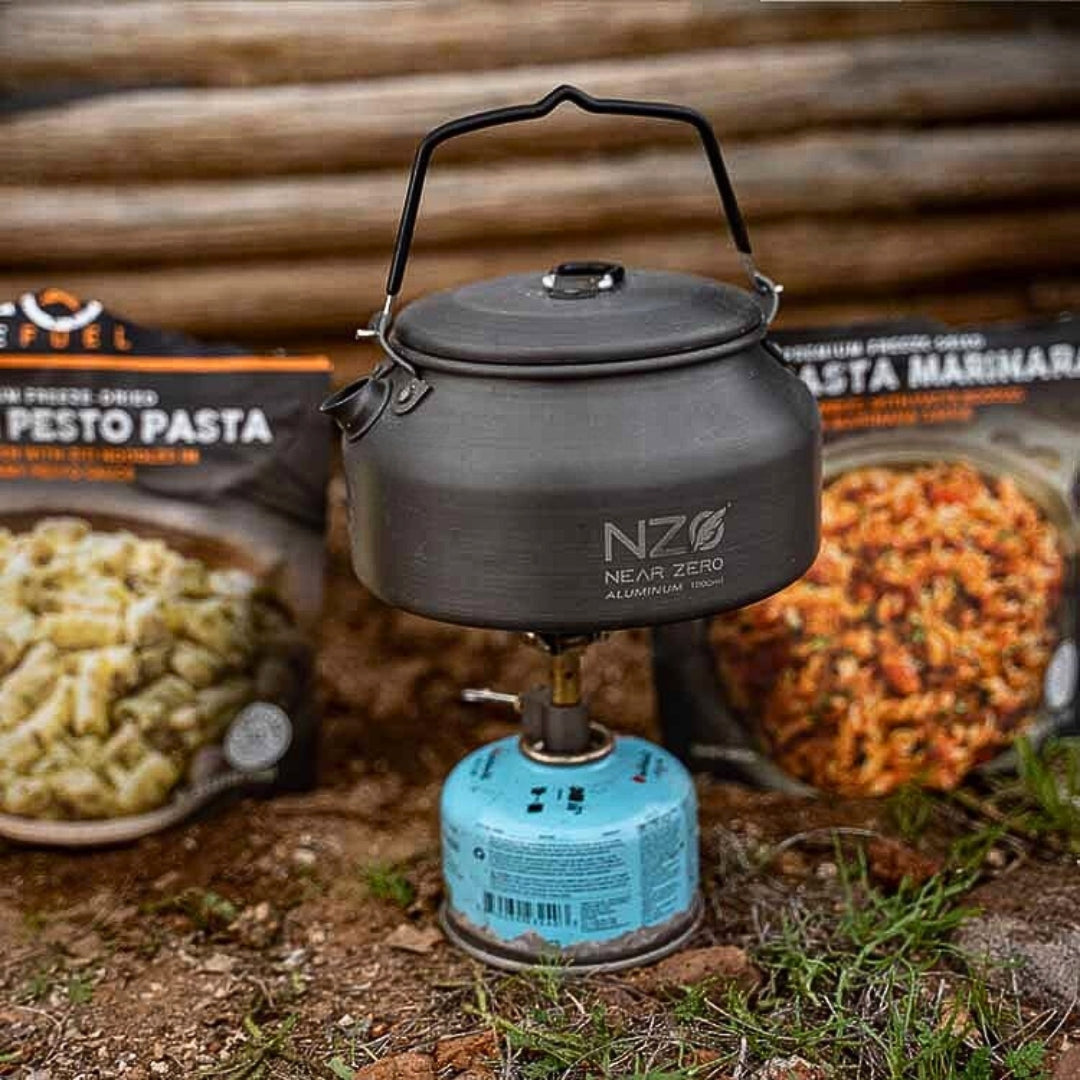 Near Zero Outdoor Gear aluminum kettle, 1.0L teapot for camping and outdoor use, with a smooth silver finish and sturdy handle.