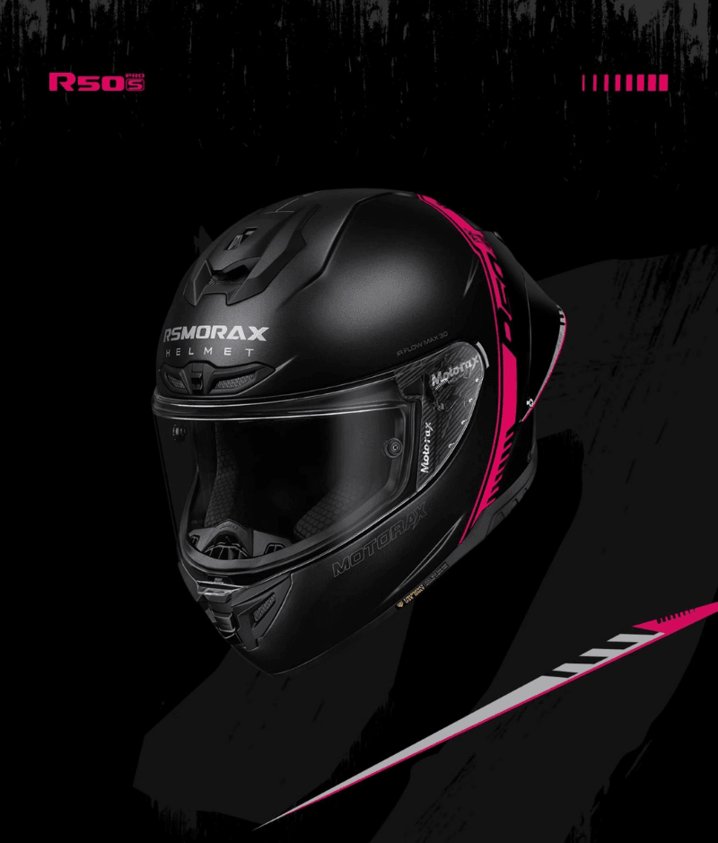 RSMORAX™ R50S PRO motorcycle riding helmet in matte black with visor and ventilation features, designed for safety and comfort.