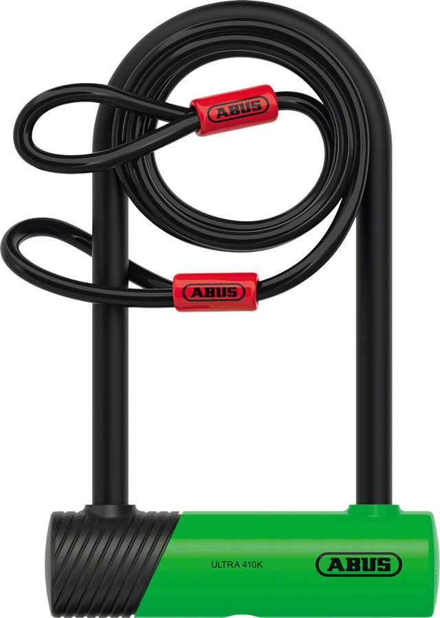 Green Abus 410K/150HB140 SH Ultra Mini U-Lock with key, secured lock mechanism, designed for bicycle security, by Gio's Outdoors.