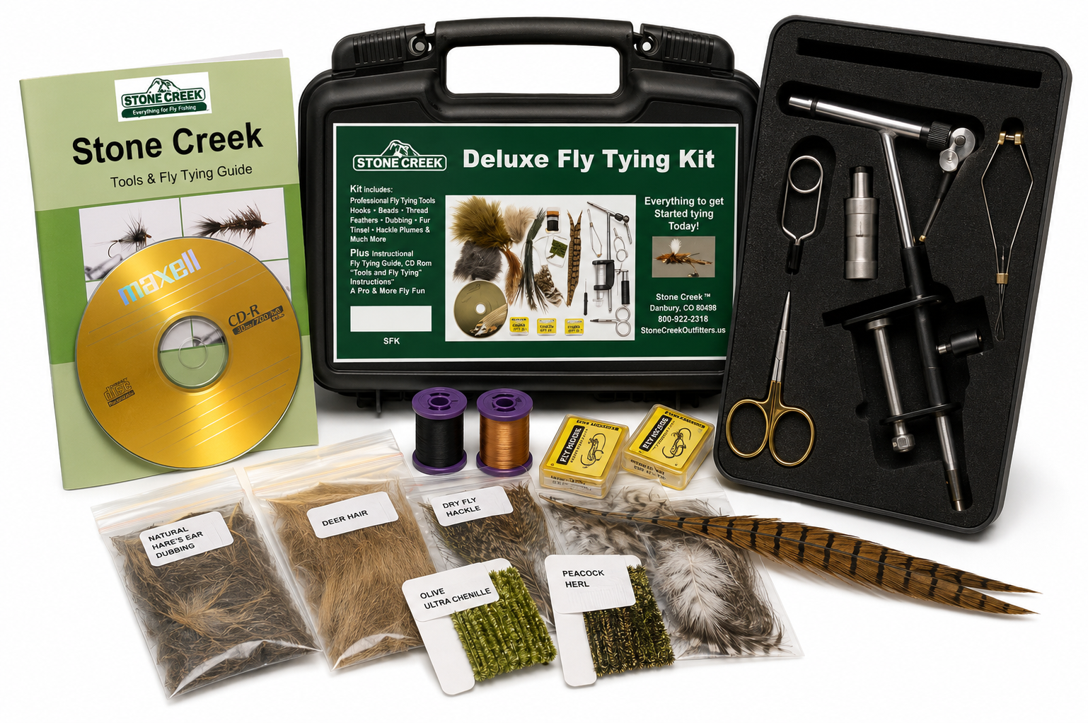 Stone Creek™ Deluxe Fly Tying Kit with various tools, hooks, and materials for fly fishing and fly tying enthusiasts.