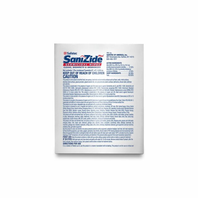 SaniZide Plus® Surface Disinfectant Wipes in a container, ideal for first aid and sanitation tasks.