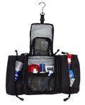 Elite Survival Systems Travel Prone™ toiletry kit hanging inside luggage, organized with bottles and grooming essentials.