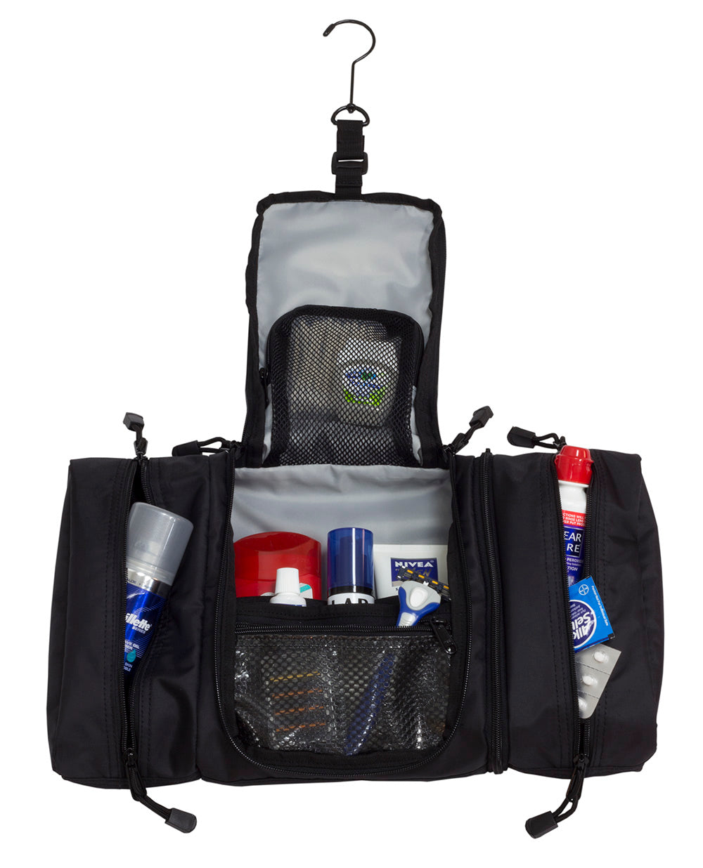 Elite Survival Systems Travel Prone™ toiletry kit hanging inside luggage, organized with bottles and grooming essentials.