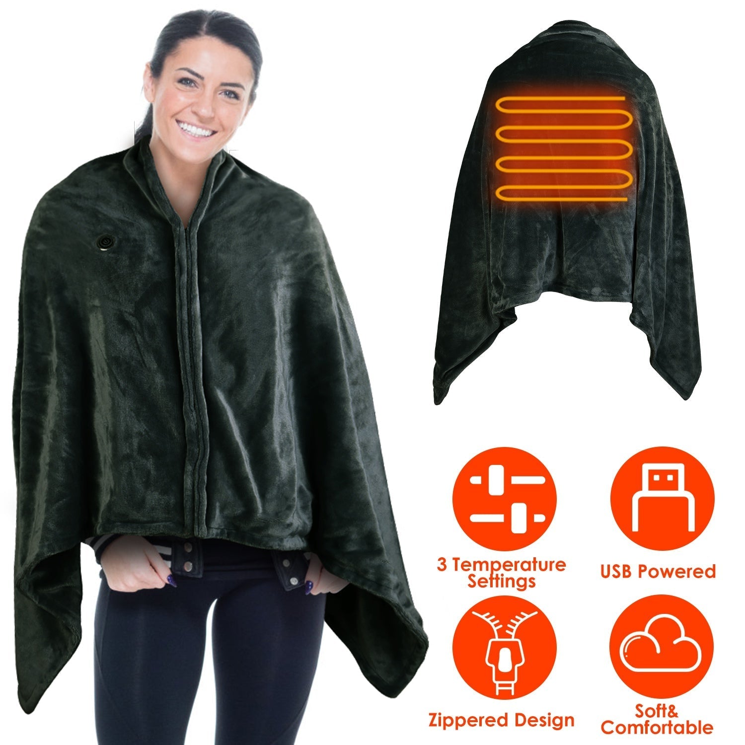 USB Heated Blanket Electric Heated Blanket Heated Poncho Shawl Wrap Throw with Zipper Washable for Home Office 59*31in - OVERLANDERS Outfitter