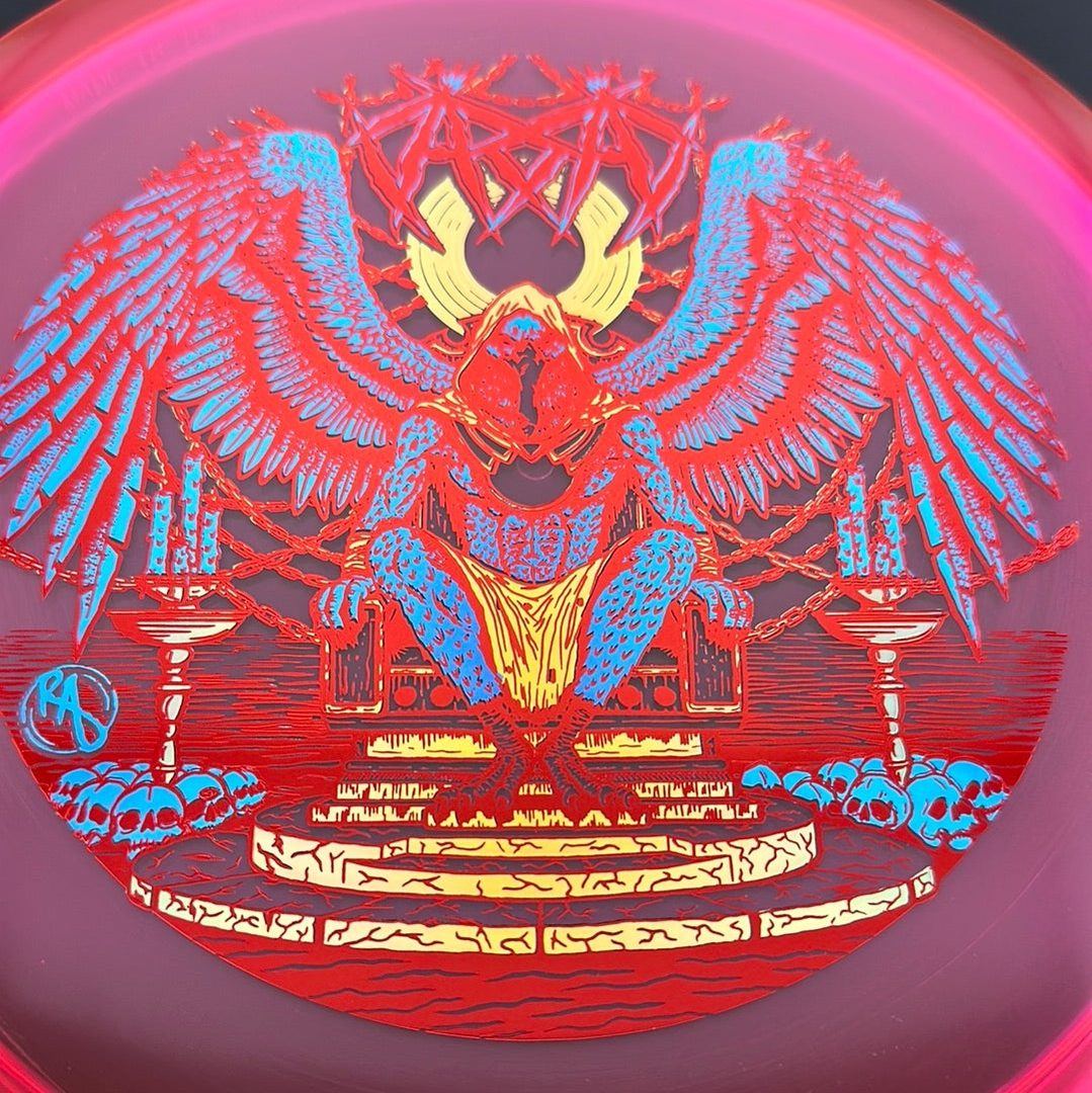 CryZtal Buzzz disc golf disc by Rare Air Discs featuring Karudi the Overseer from Cult of RAD design on a bright, colorful disc.