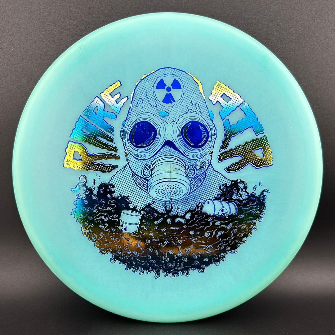 Rare Air Discs Color Lunar Recon Mortar F2 disc golf disc with Radioactive Man stamp, featuring vibrant colors and detailed artwork.