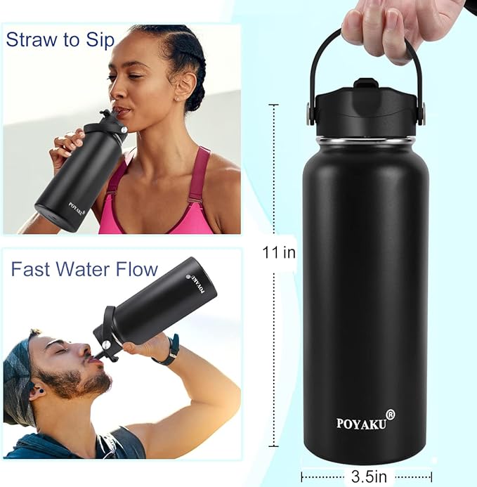 Water Bottle Insulated 32oz 40oz 64oz 128oz Straw Lid Spout Lid & 3 Lids, Leak Proof, Vacuum Insulated,Stainless Steel Water Bottle Wide Mouth for Sports, Gym or Office - OVERLANDERS Outfitter