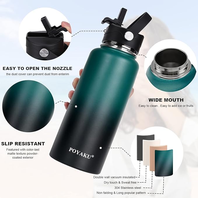 Water Bottle Insulated 32oz 40oz 64oz 128oz Straw Lid Spout Lid & 3 Lids, Leak Proof, Vacuum Insulated,Stainless Steel Water Bottle Wide Mouth for Sports, Gym or Office - OVERLANDERS Outfitter