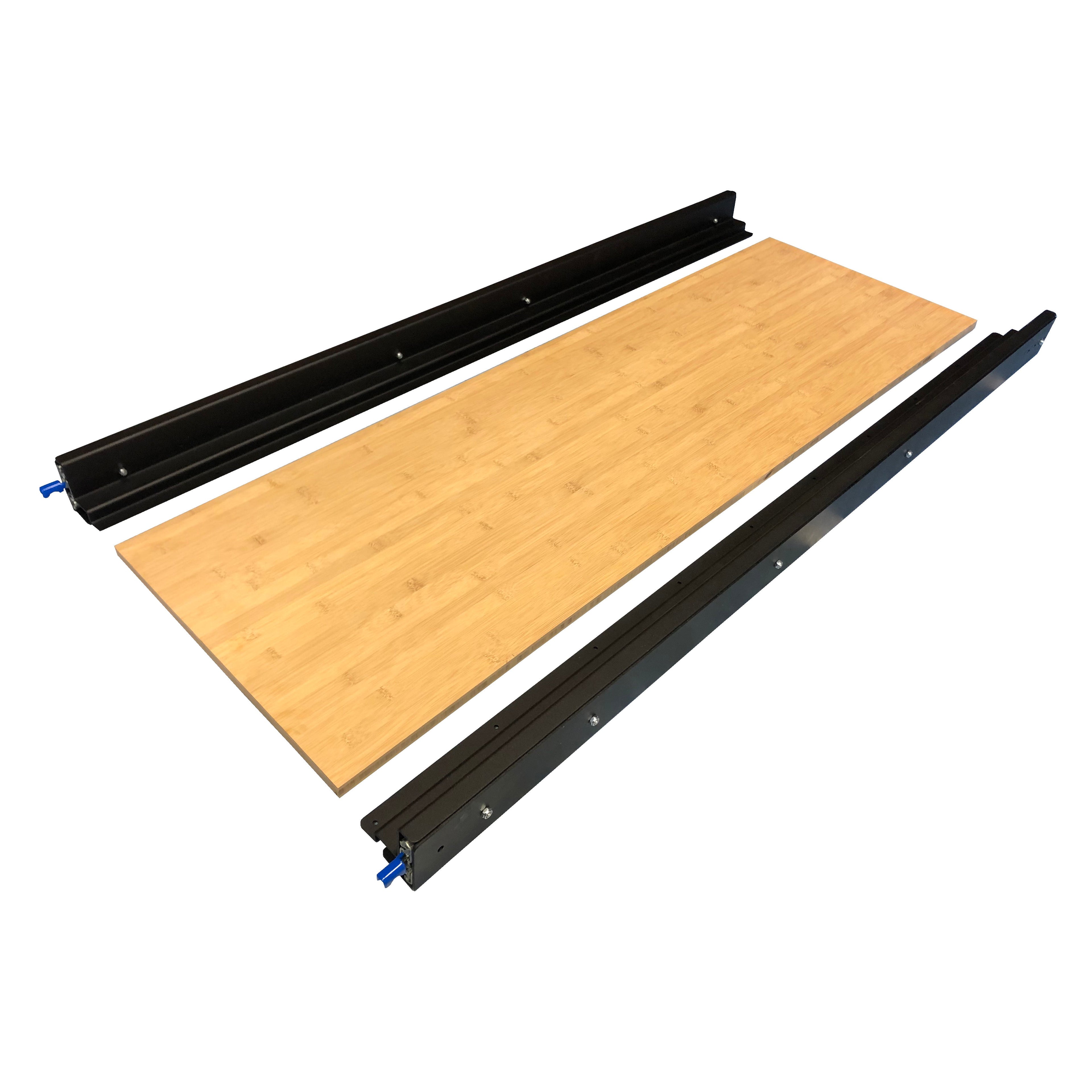 RB Components 60-inch DIY slide tray kit with metal rails and wooden base, ideal for custom storage or organization projects.