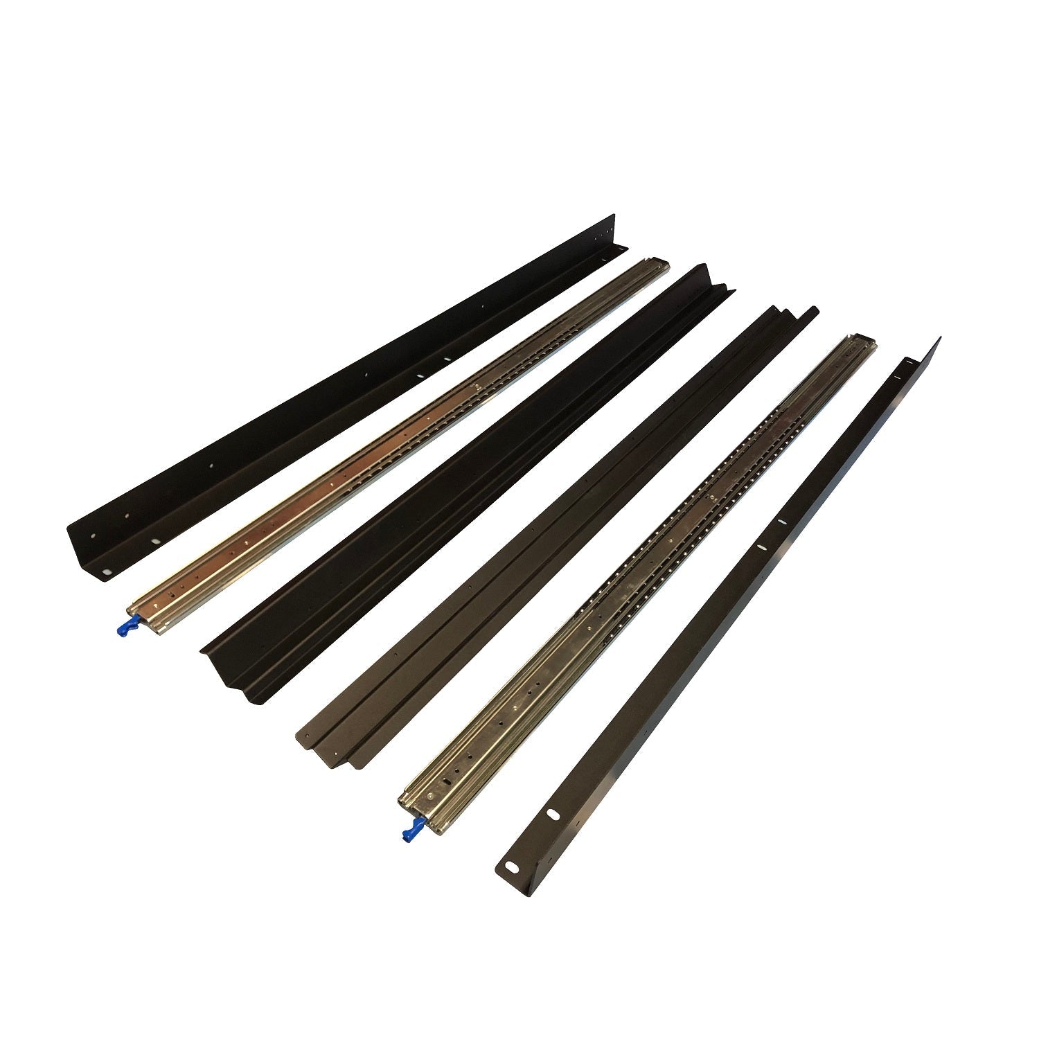 RB Components 60-inch DIY slide tray kit with black metal components and sliding mechanisms for custom storage solutions.