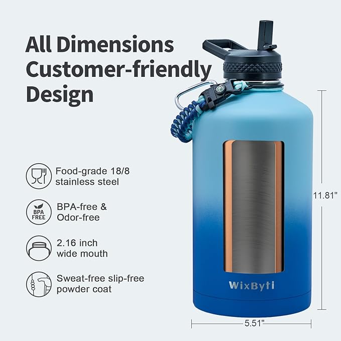 One Gallon Water Bottle Insulated, Triple Wall Vacuum Cold for 48 Hrs & Leak-proof & Non-BPA, 128oz Large Sports Stainless Steel Water Jug with Paracord Handle Straw Spout Lids & DIY Stickers - OVERLANDERS Outfitter