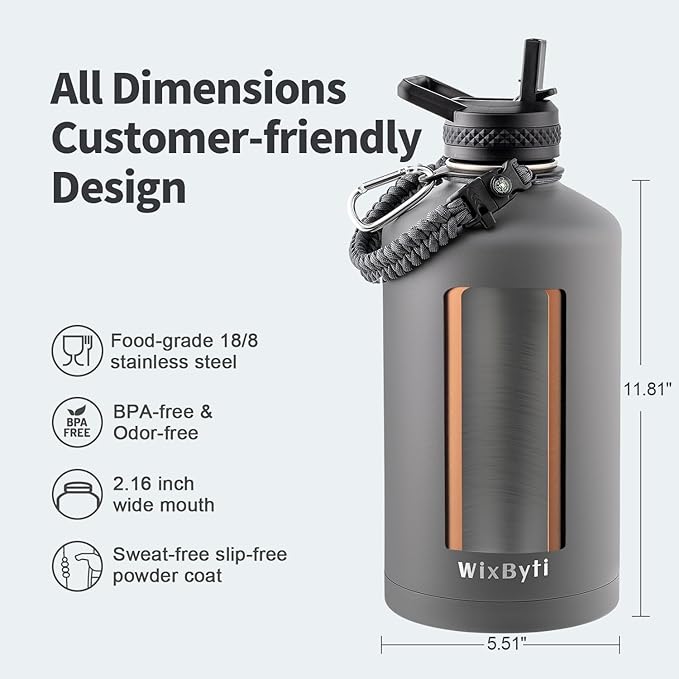 One Gallon Water Bottle Insulated, Triple Wall Vacuum Cold for 48 Hrs & Leak-proof & Non-BPA, 128oz Large Sports Stainless Steel Water Jug with Paracord Handle Straw Spout Lids & DIY Stickers - OVERLANDERS Outfitter